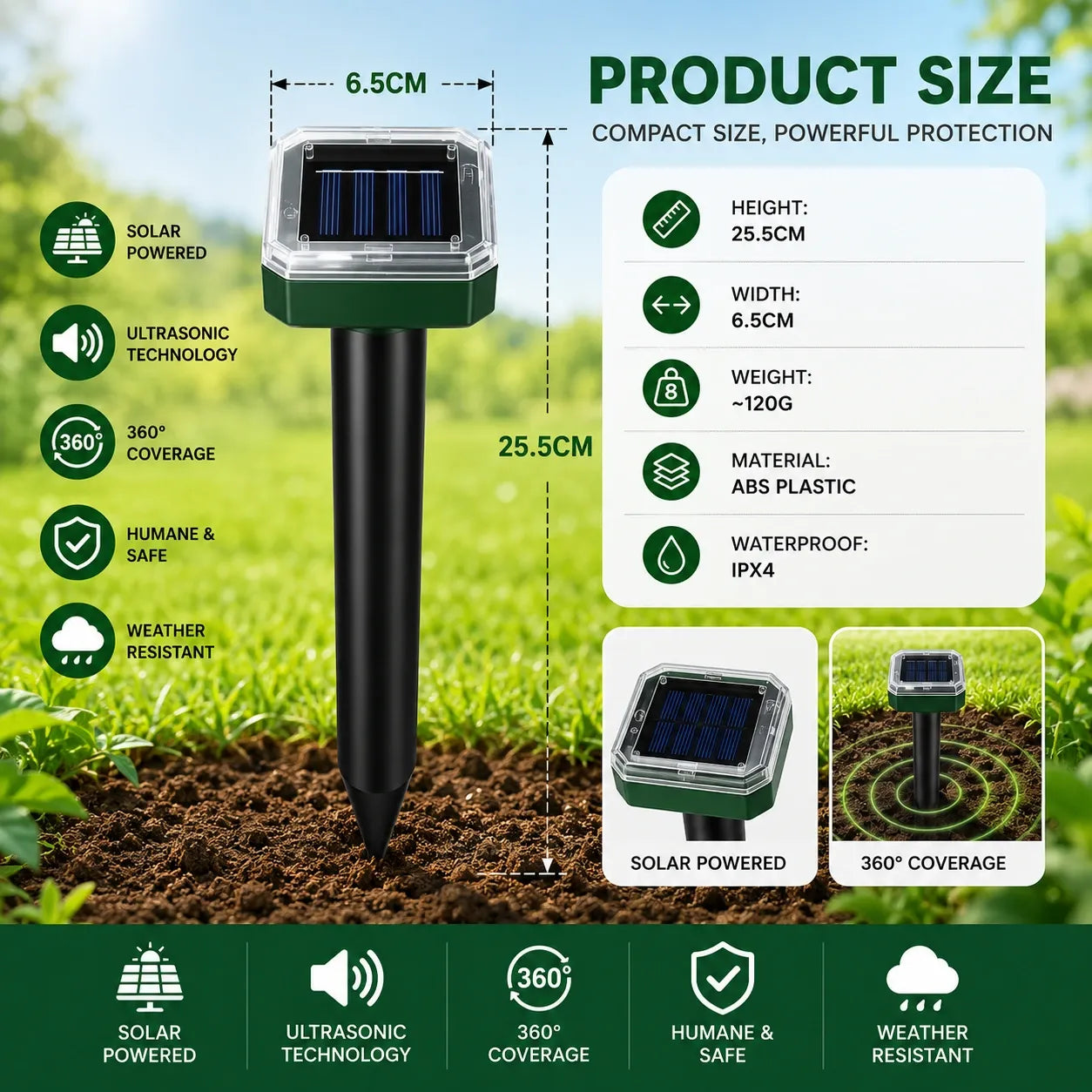 Solar Powered Mole Repellent | Waterproof Electronic Mole Deterrent | Garden and Lawn Burrowing Animal Control 7