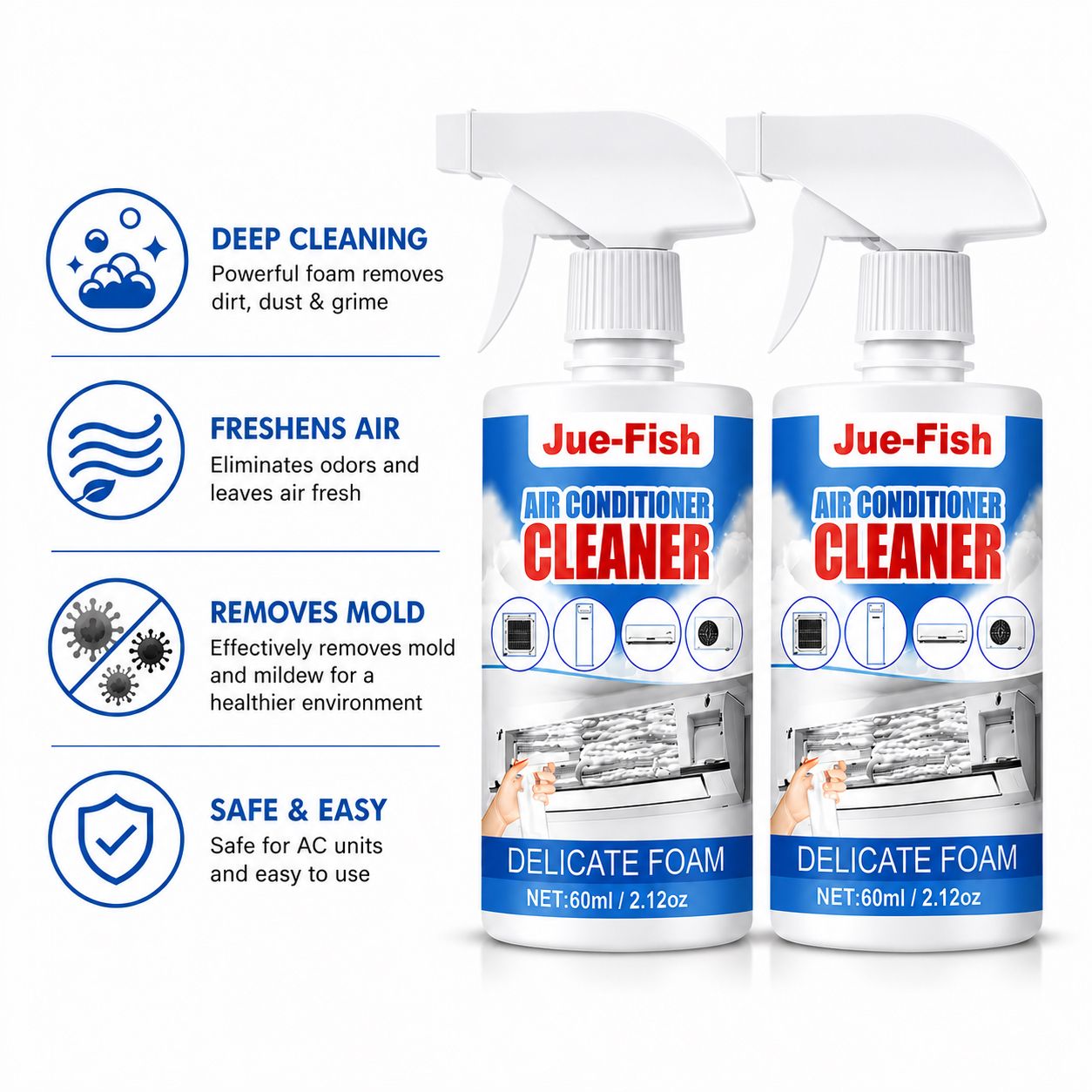 Air Conditioner Cleaner | Foam Spray for Easy AC Vent Cleaning | 2-Bottle Set for Dust and Odor Removal 0