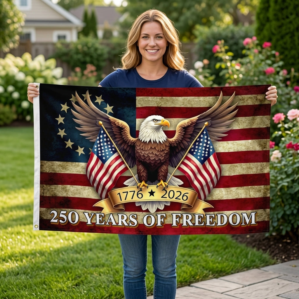 American Flag Banner | 250 Years of Freedom Commemorative Design | Weather-Resistant Patriotic Eagle Flag 1776-2026 1