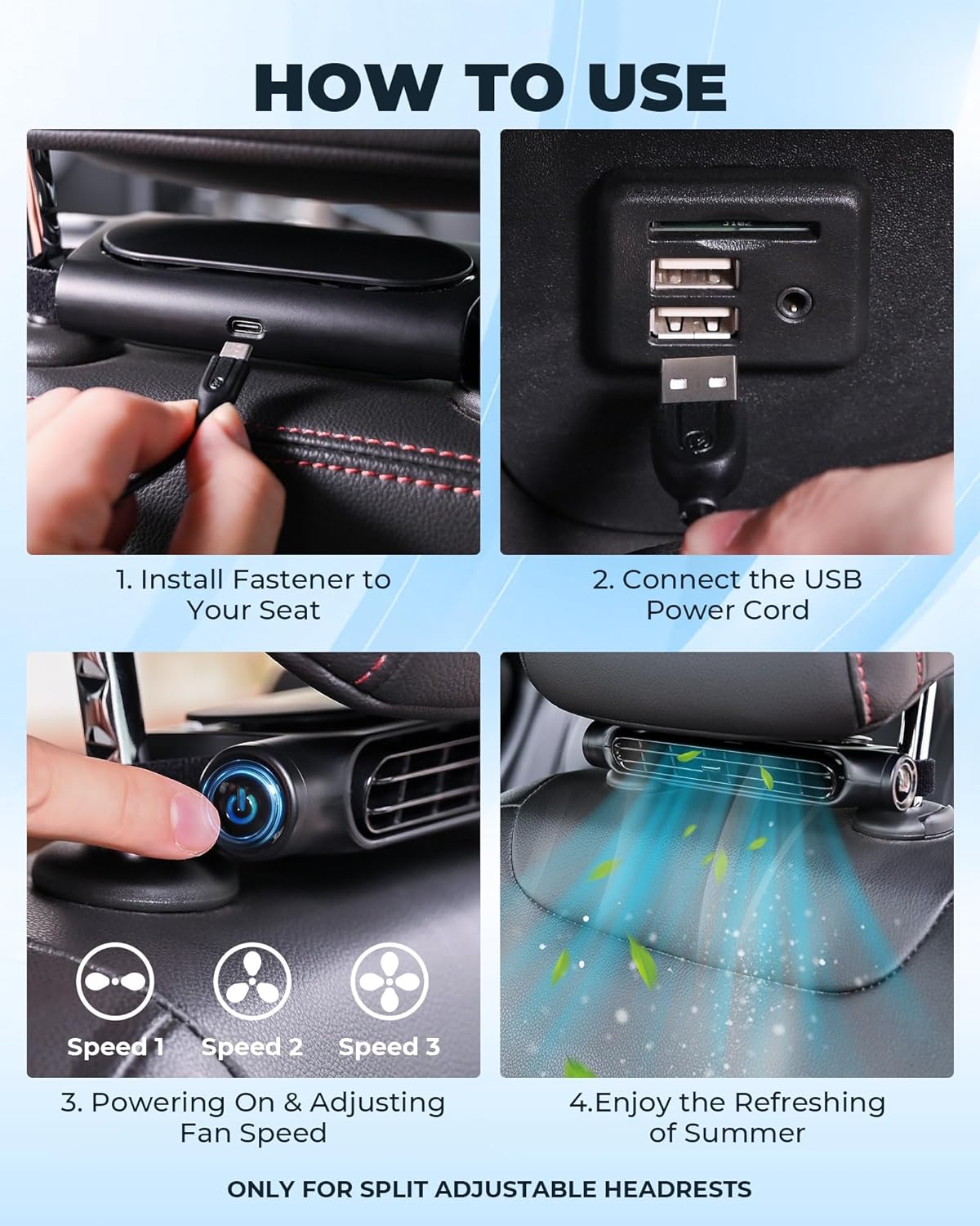 Car Fan | Bladeless Design with Three Speed Settings | USB Fan for Car and Headrest Mount - 9