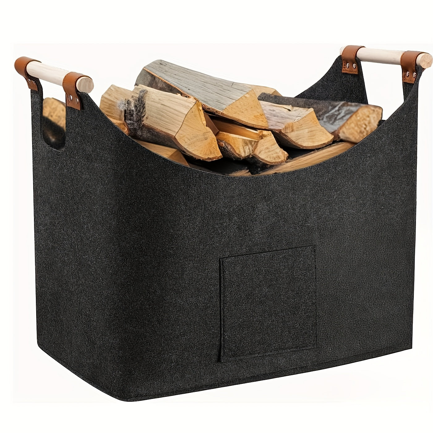 Firewood Basket | Foldable Dark Gray Felt Design | Basket of Firewood with Wooden Handles 0