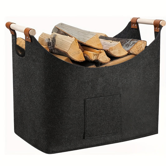 Firewood Basket | Foldable Dark Gray Felt Design | Basket of Firewood with Wooden Handles 0
