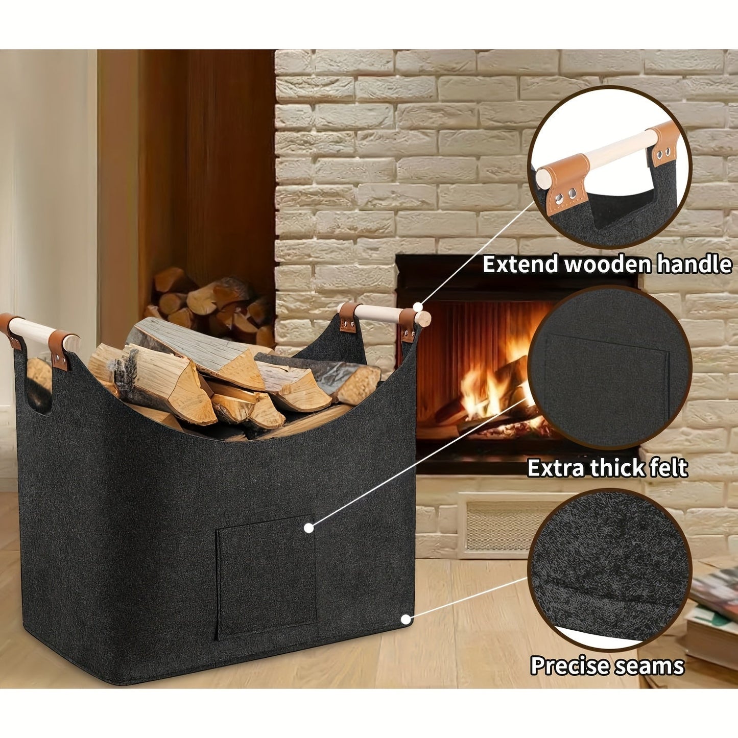 Firewood Basket | Foldable Dark Gray Felt Design | Basket of Firewood with Wooden Handles 1
