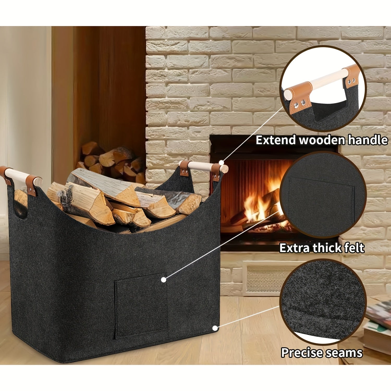Firewood Basket | Foldable Dark Gray Felt Design | Basket of Firewood with Wooden Handles 1