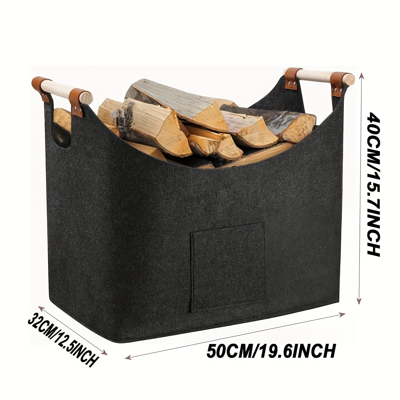 Firewood Basket | Foldable Dark Gray Felt Design | Basket of Firewood with Wooden Handles 4