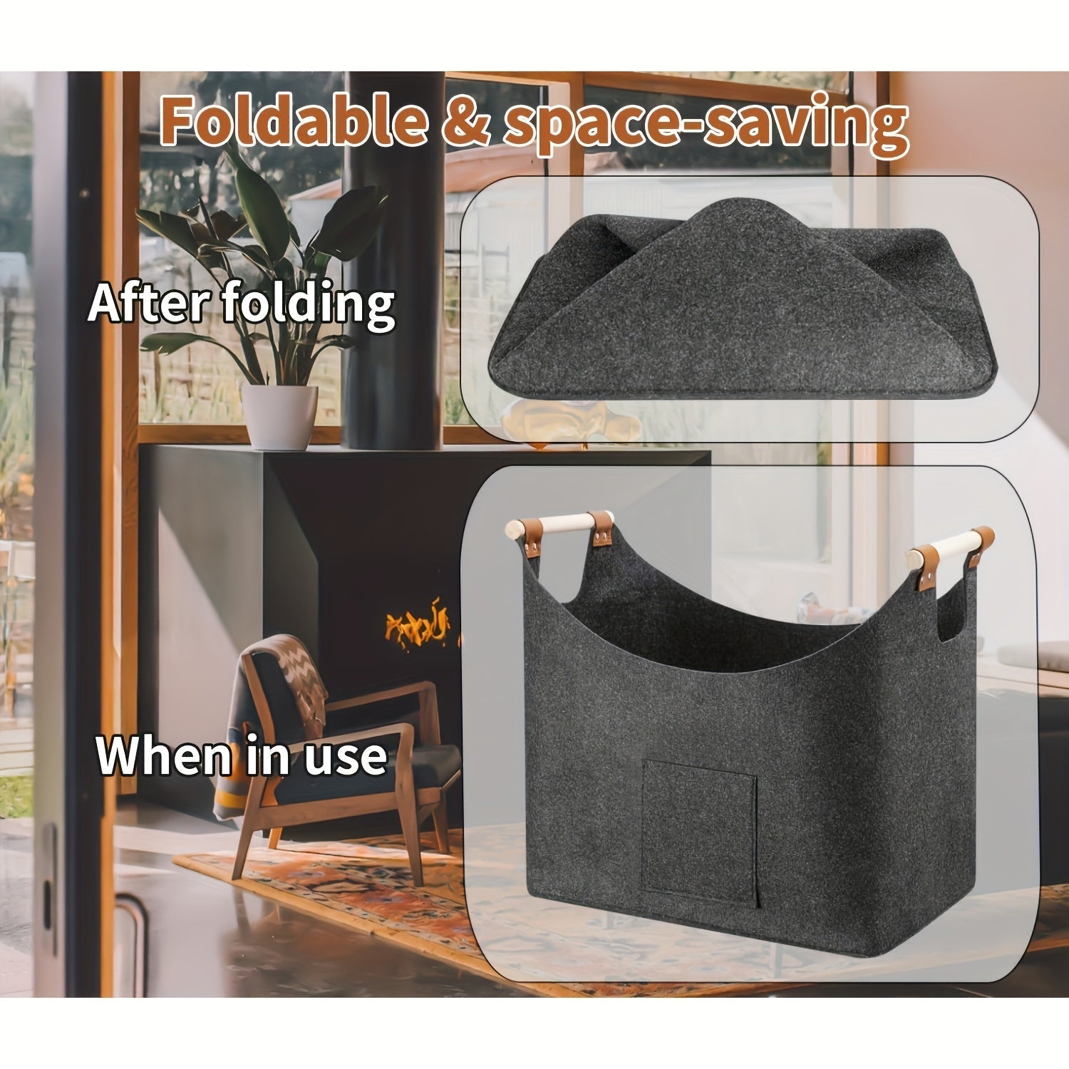 Firewood Basket | Foldable Dark Gray Felt Design | Basket of Firewood with Wooden Handles 6