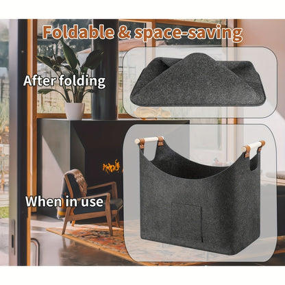 Firewood Basket | Foldable Dark Gray Felt Design | Basket of Firewood with Wooden Handles 6