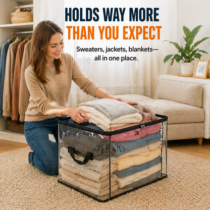 Large Heavy-Duty Clear Storage Bag | Thick Plastic Material | Stackable Foldable Storage for Clothes and Moving 0