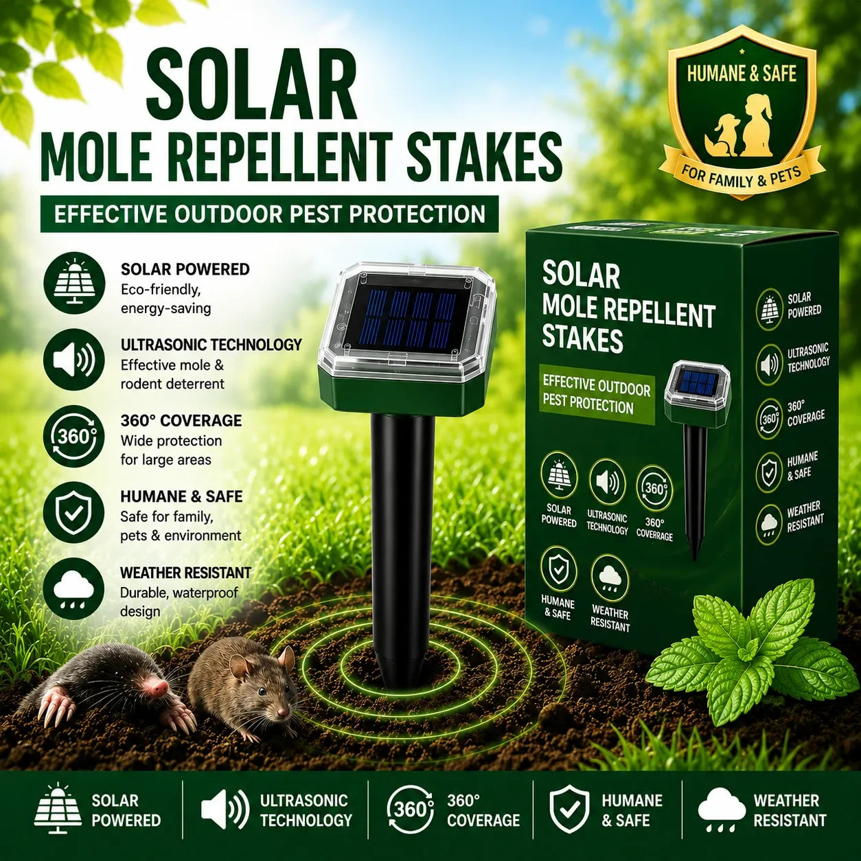 Solar Powered Mole Repellent | Waterproof Electronic Mole Deterrent | Garden and Lawn Burrowing Animal Control 0