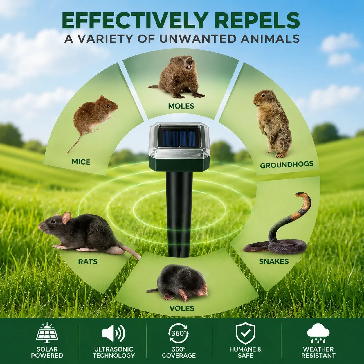Solar Powered Mole Repellent | Waterproof Electronic Mole Deterrent | Garden and Lawn Burrowing Animal Control 1