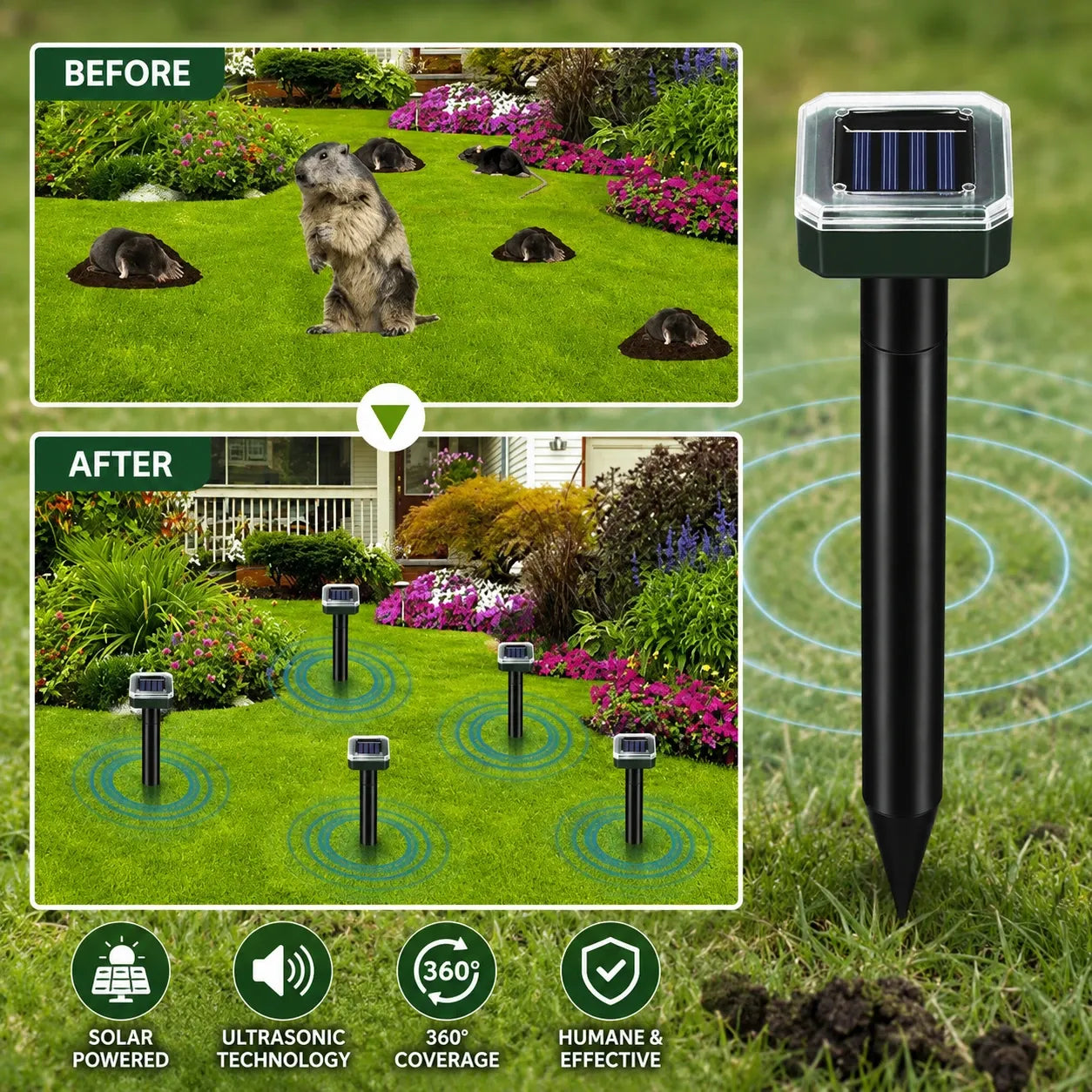 Solar Powered Mole Repellent | Waterproof Electronic Mole Deterrent | Garden and Lawn Burrowing Animal Control 2