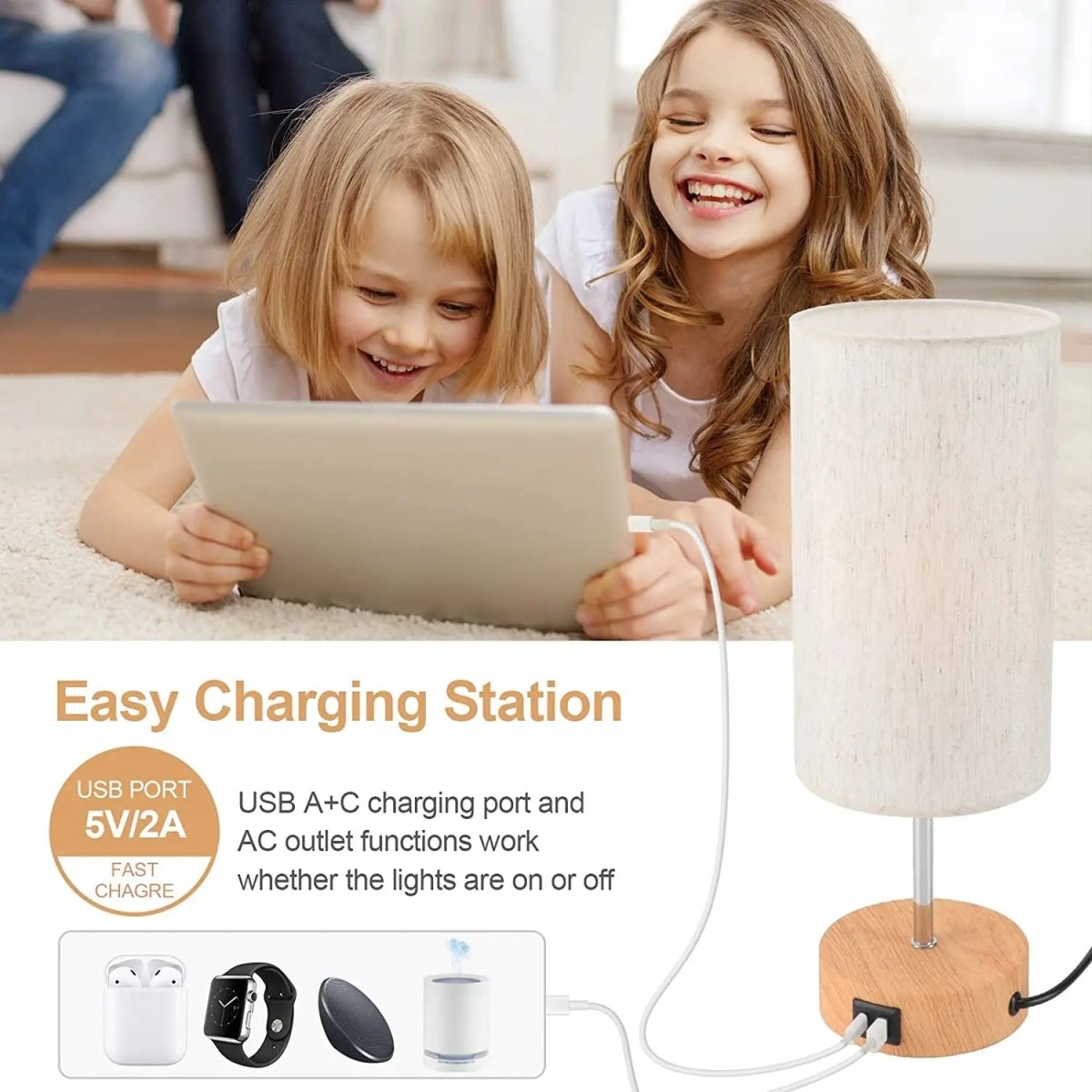 Touch Table Lamp | Dimmable LED | USB Charging Ports and AC Outlet 4