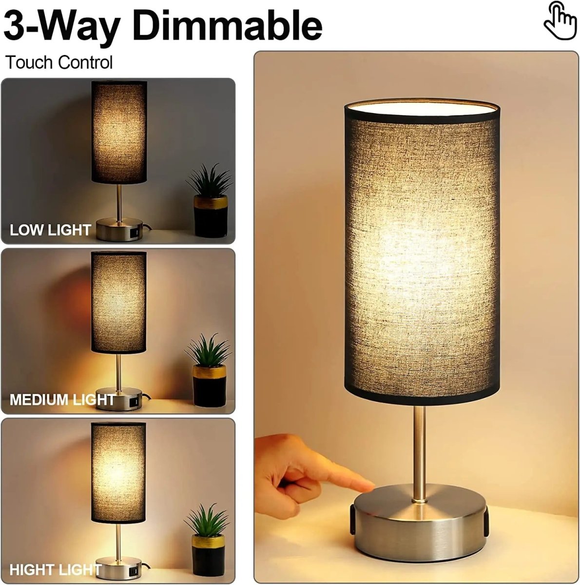 Touch Table Lamp | Dimmable LED | USB Charging Ports and AC Outlet 8