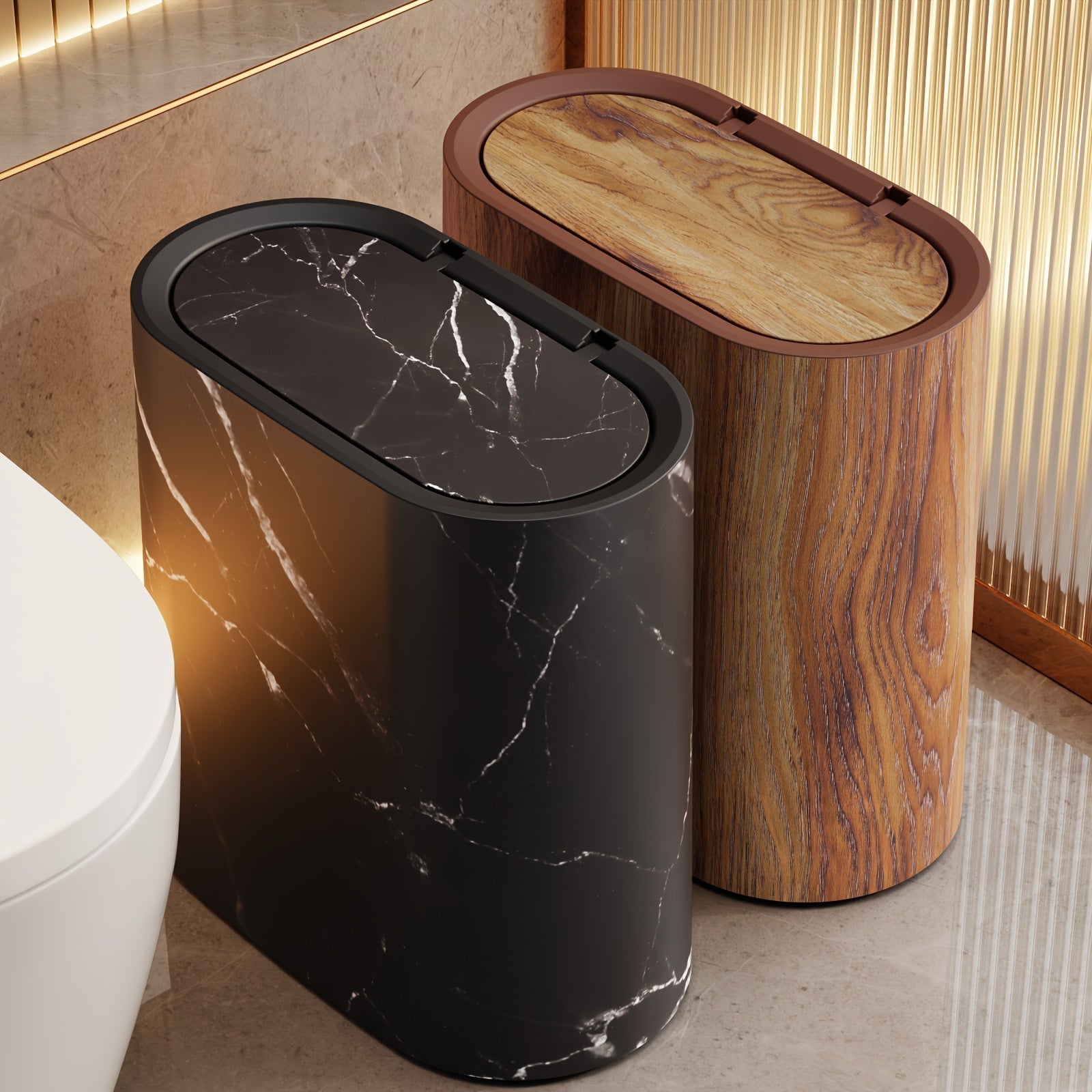 Trash Can | Compact Oval Design with Lid | Marble Pattern Kitchen and Bathroom Bin 1