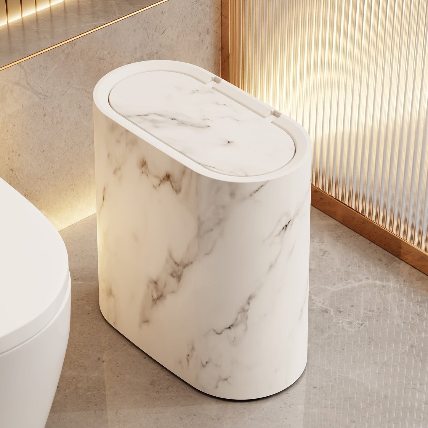 Trash Can | Compact Oval Design with Lid | Marble Pattern Kitchen and Bathroom Bin 2