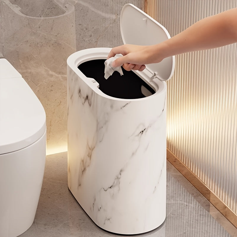Trash Can | Compact Oval Design with Lid | Marble Pattern Kitchen and Bathroom Bin 3