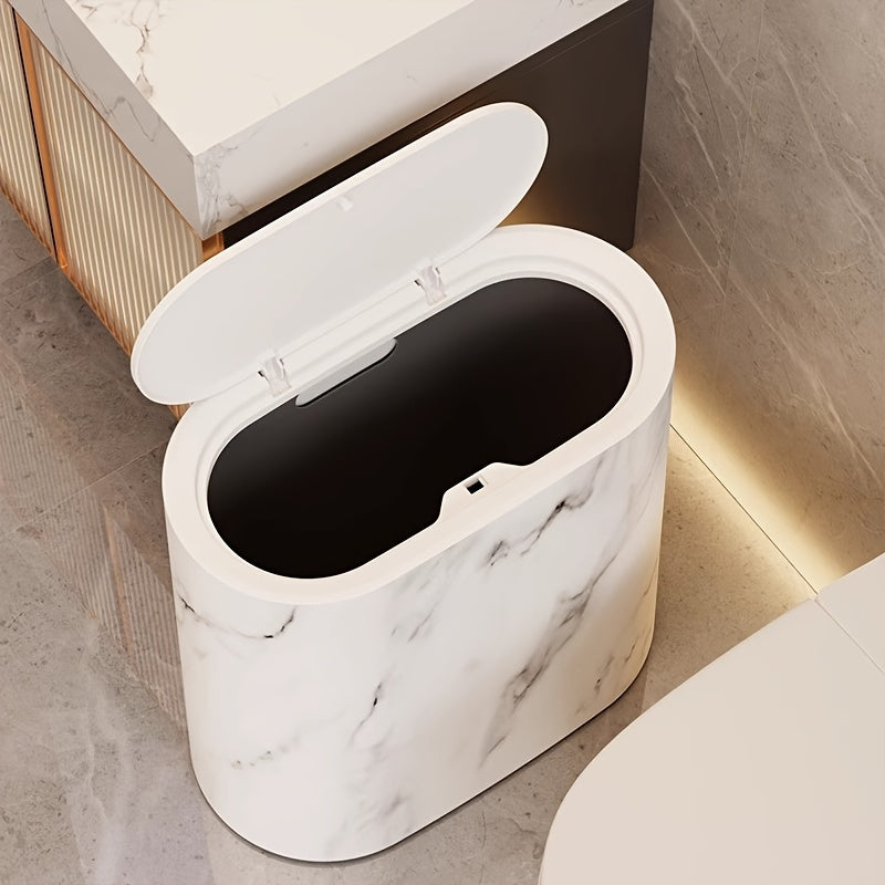 Trash Can | Compact Oval Design with Lid | Marble Pattern Kitchen and Bathroom Bin 5